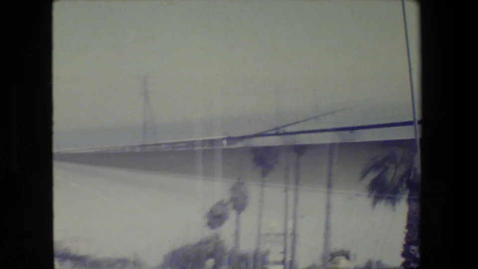 1984 8mm travel footage shows a bridge or elevated roadway, utility lines, and blurred roadside palms from a moving vehicle.