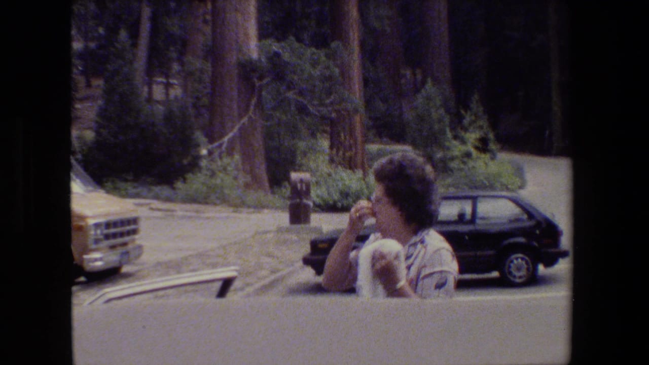 1984 San Francisco-area home-movie frame showing a woman near parked vehicles beneath tall trees in a park setting.