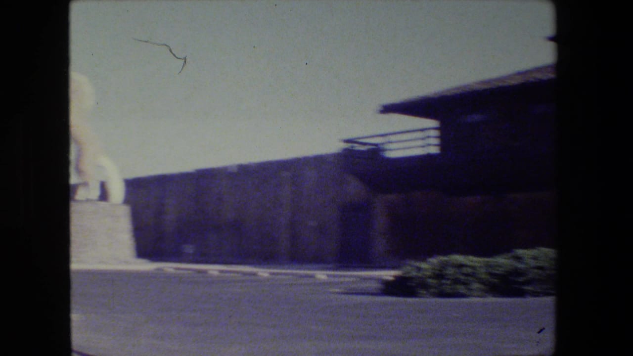 Wood building exterior with horse statue at the left edge and dark film borders.