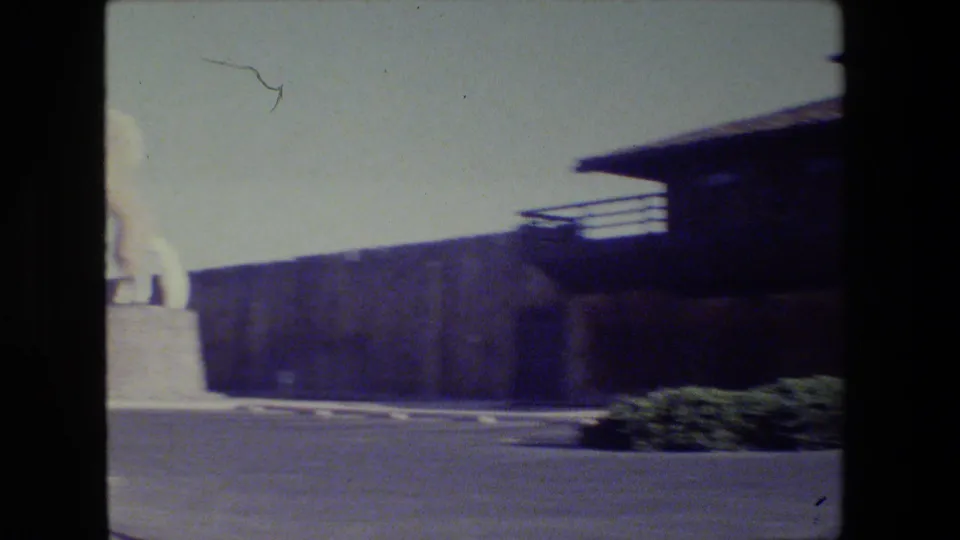 1984 San Francisco 8mm frame showing a wood-clad building, asphalt lot, shrubs, and a rearing horse statue partly visible at left.