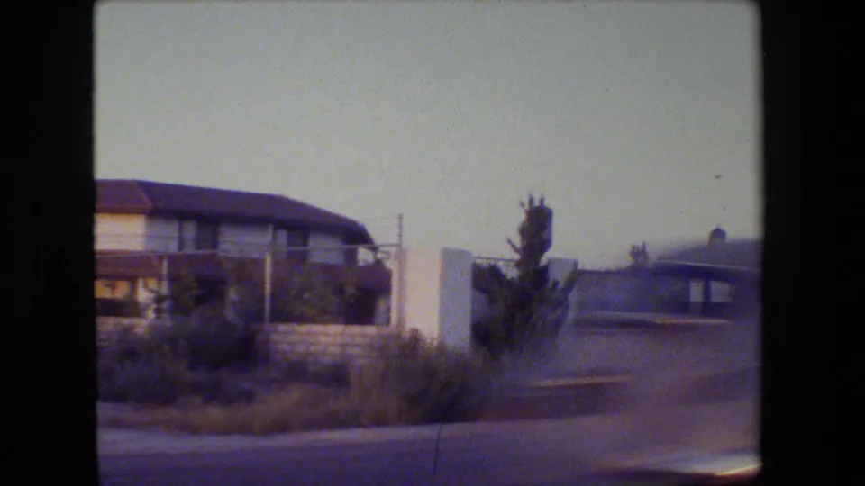 Final drive-by frame showing the residential exterior sliding out of view with a tree, wall, road, and nearby roofline.