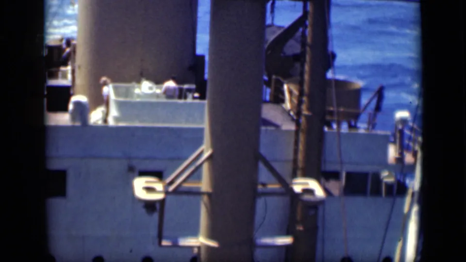 A 1946 Egypt maritime view shows a large vessel's deck and superstructure, with open water in the background.
