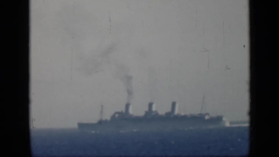 The final frame shows the distant three-smokestack ship at sea, with smoke overhead and a bright wake trailing behind.