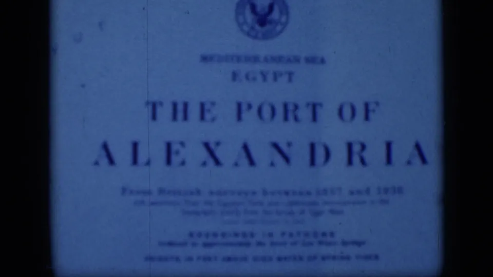 Blue-tinted title card for The Port of Alexandria, with Egypt and Mediterranean Sea text visible above the main title.