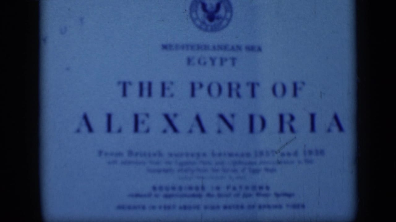 Cairo, Egypt 1946 home-movie frame showing a blue-tinted English title card for The Port of Alexandria.