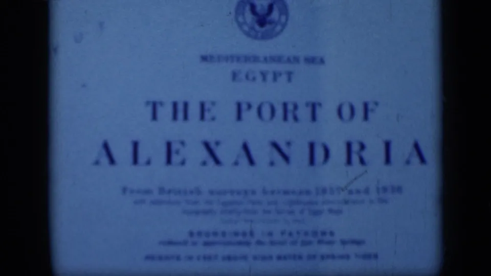 Cairo, Egypt 1946 home-movie frame showing a blue-tinted English title card for The Port of Alexandria.