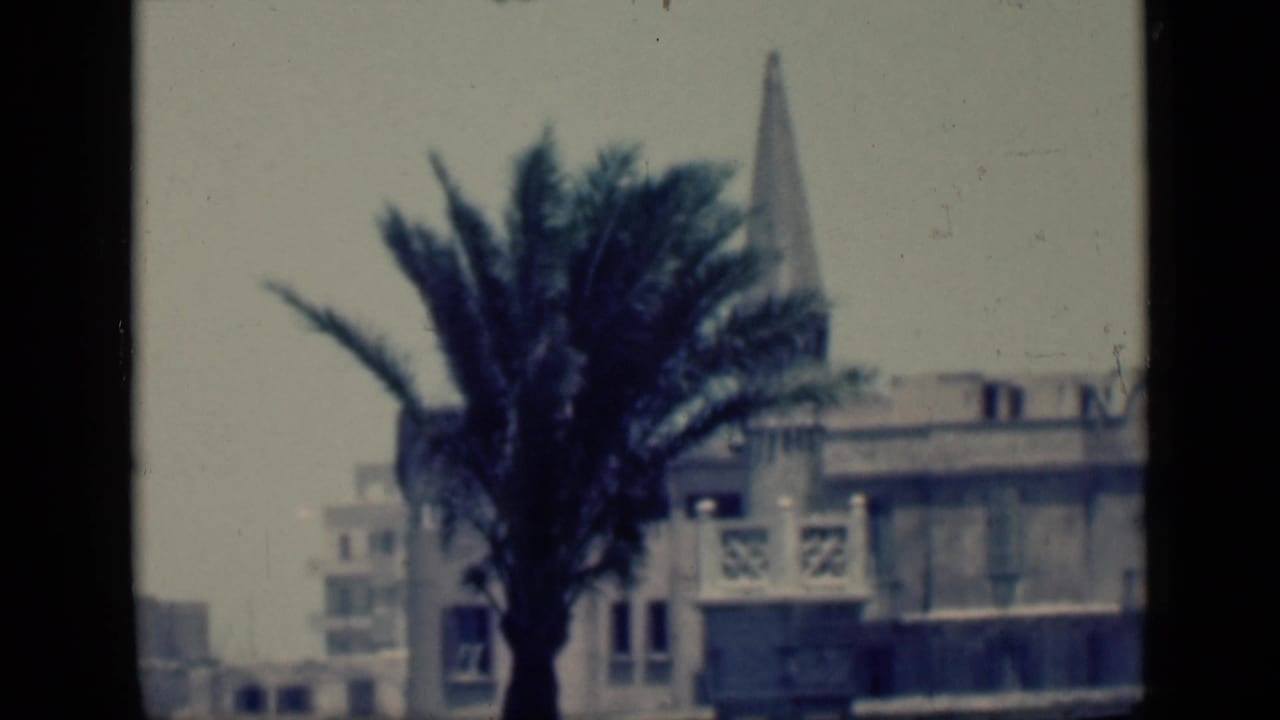 1946 Cairo home-movie frame showing a palm tree before a large pale building with balconies and a pointed spire-like form.