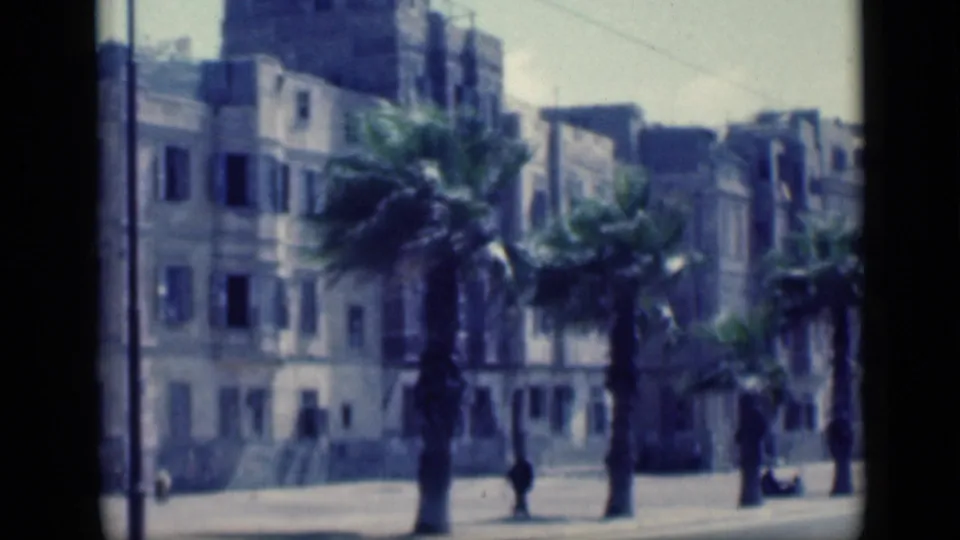 1946 Cairo street scene with palms in the foreground, shuttered buildings behind them, and small figures near the sidewalk.