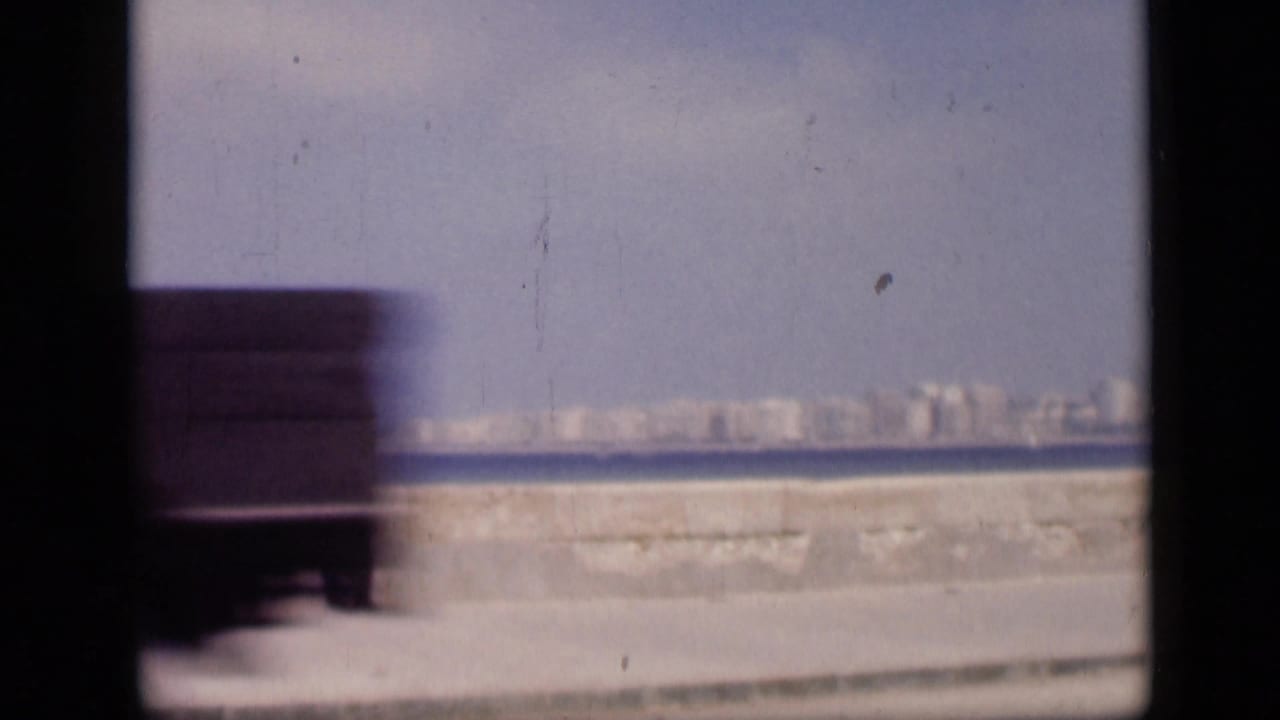 A blurred object crosses the 1946 Egypt waterfront view, partially obscuring the stone wall, water, and distant buildings.