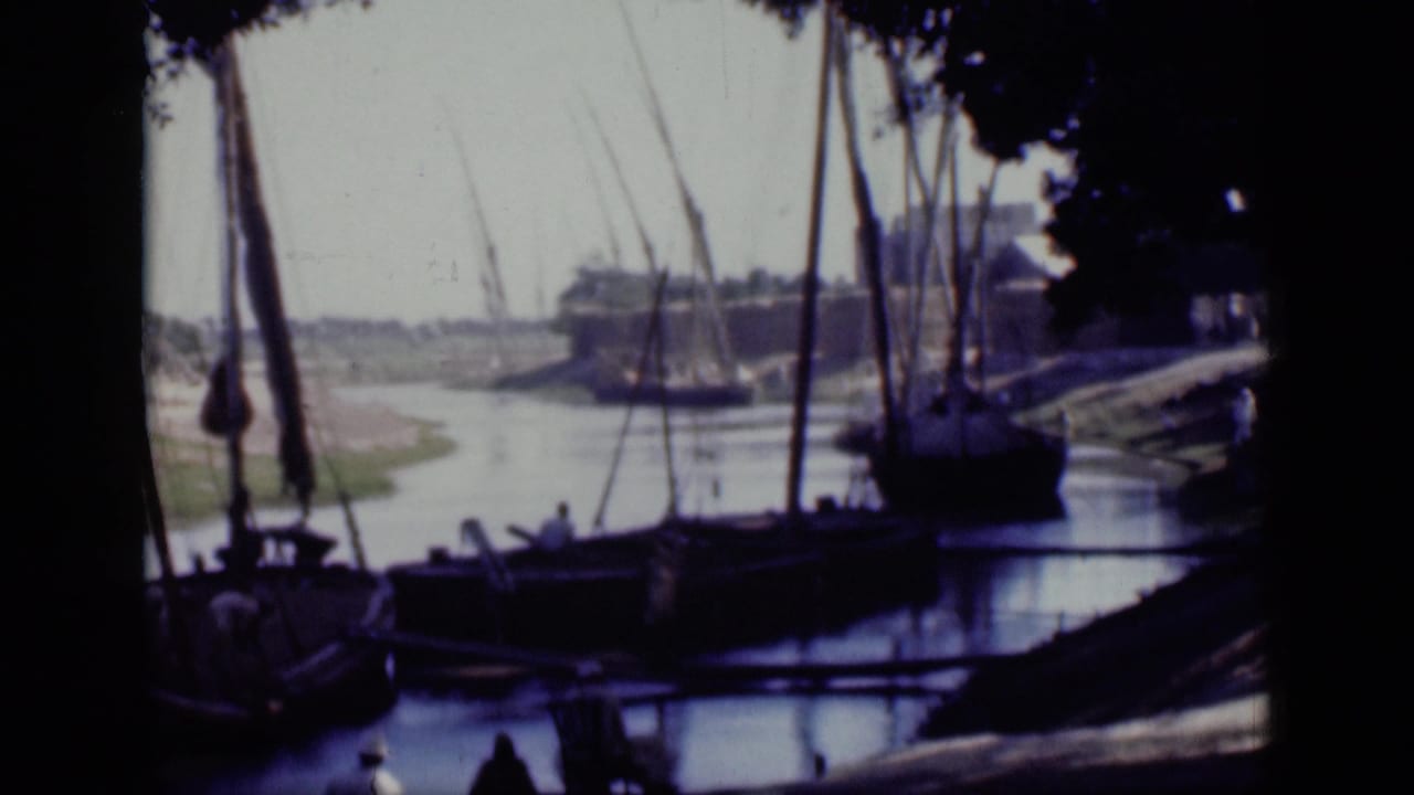 1946 Cairo canal view with docked wooden sailing boats, masts, rigging, shaded foreground trees, and a bright far bank.