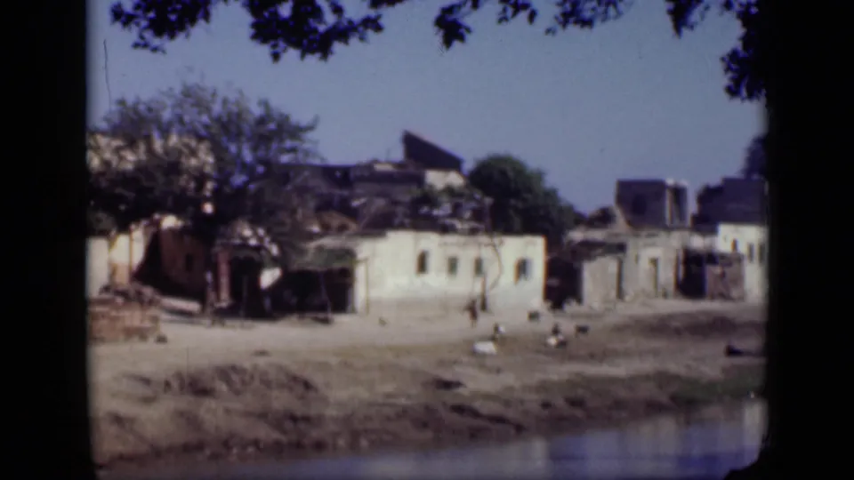 1946 Cairo home-movie frame showing damaged waterfront buildings, dusty ground, distant people, and a shaded tree canopy across calm water.