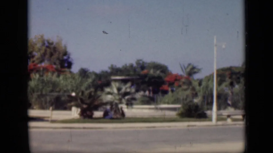 1946 Cairo roadside scene with palms, low walls, a white lamppost, benches, and distant people seated near the landscaped verge.