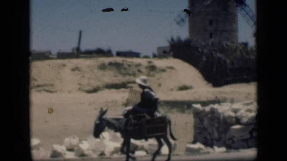 1946 Cairo street scene with a man riding a donkey past white stones, a sandy embankment, and a distant windmill-like structure.