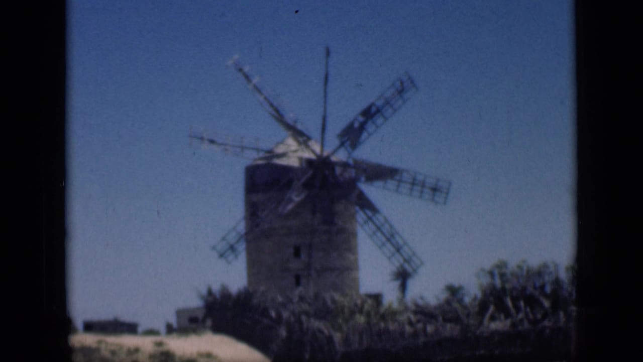 Weathered windmill stands against a clear blue sky with low vegetation nearby.