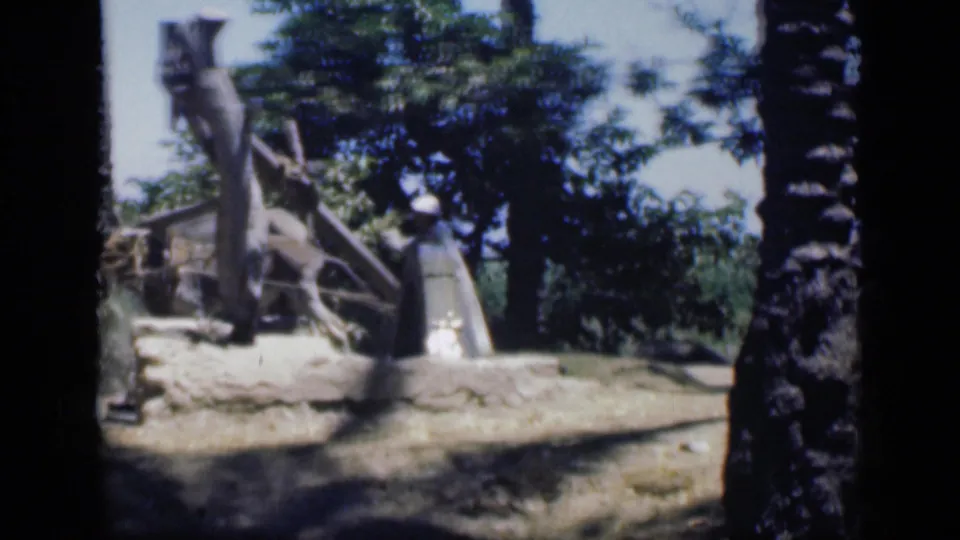1946 Cairo 8mm frame showing a donkey at a wooden water pump while a man in white clothing stands nearby.
