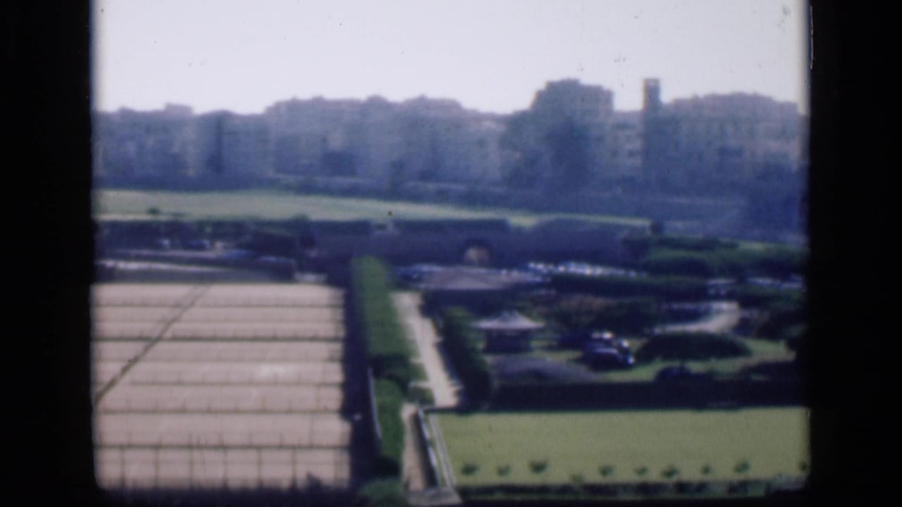 Rectangular cultivated plots and hedges in front of a distant city skyline.