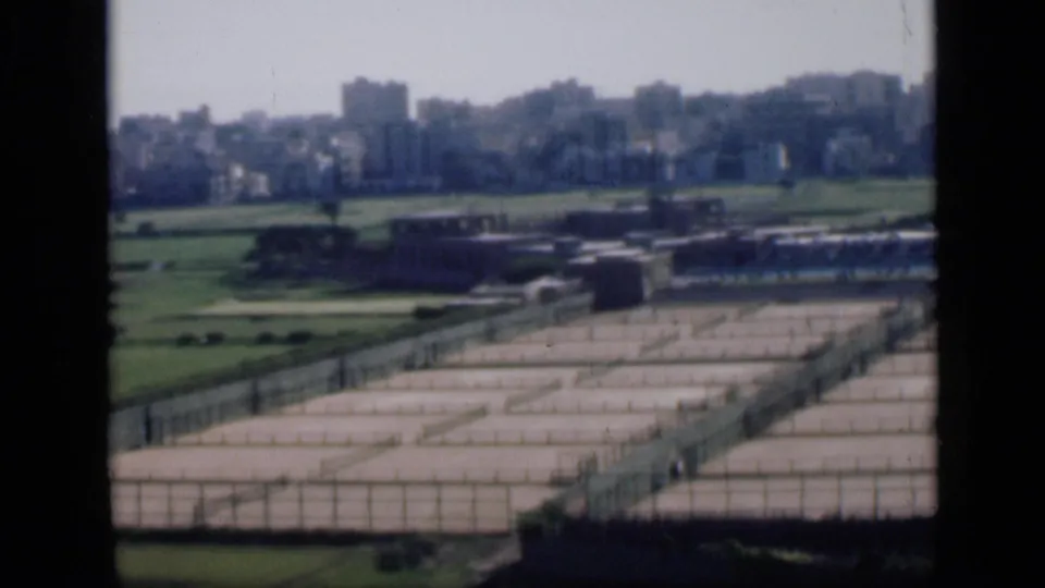 1946 Cairo landscape with a gridded concrete storage lot, open green areas and soft distant city buildings.