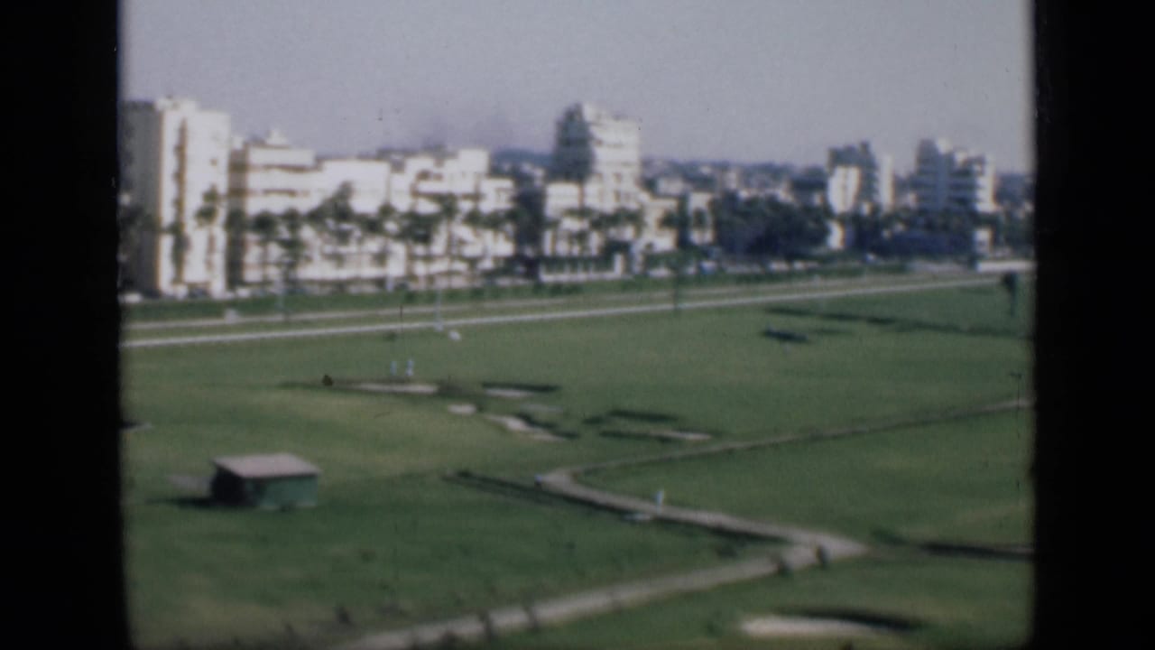 Wide 1946 Cairo park view with open grass, crossing paths, a small shelter, palm-lined white buildings, and tiny distant people.