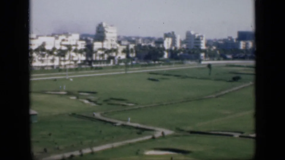 1946 Cairo parkland seen from above, with broad lawns, curving paths, low landscape features, palm-lined buildings, and tiny walkers.