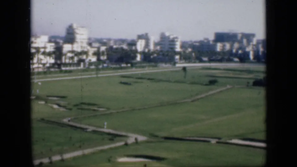 Wide 1946 Cairo park view showing a grass field, path network, palm-lined white buildings, distant blocks, and small visible people.
