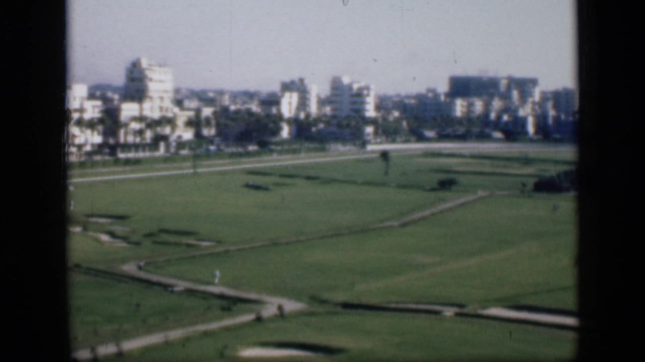 Distant city buildings beyond a broad green field seen through dark window framing.
