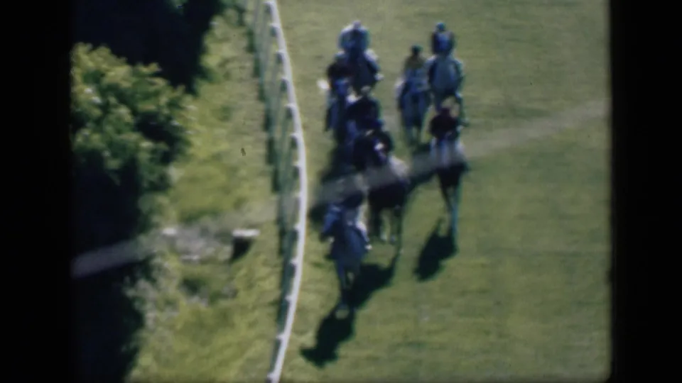 High-angle 1946 Cairo 8mm view of jockeys riding in a pack beside a white fence on a sunlit grass course.