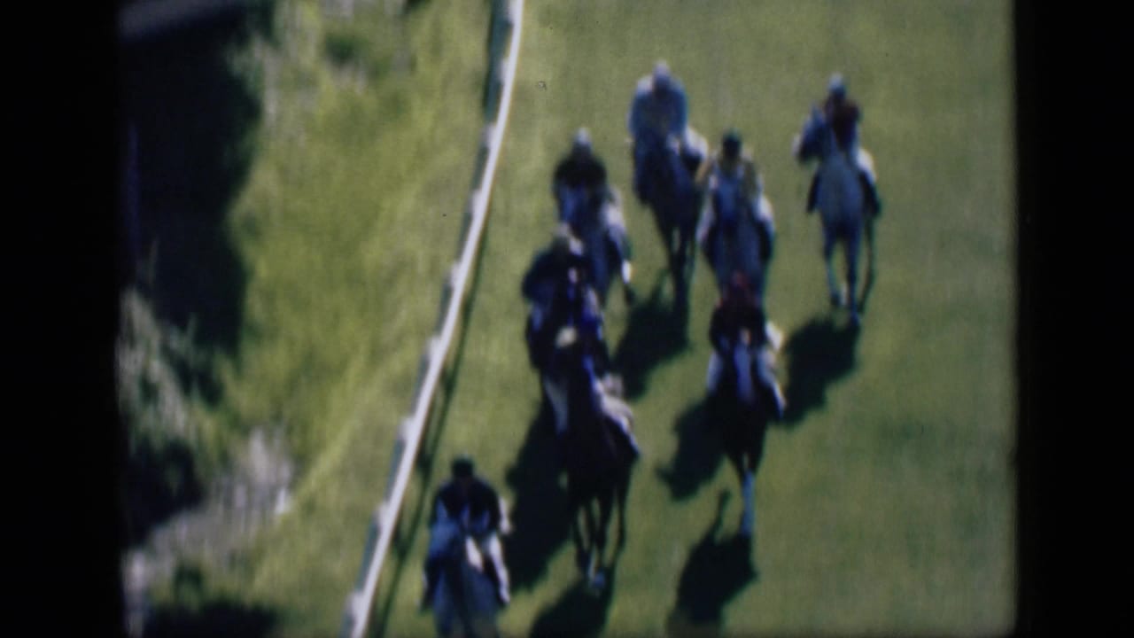 Jockeys and horses pass below the high-angle camera on a Cairo grass track, with the white rail curving through the frame.