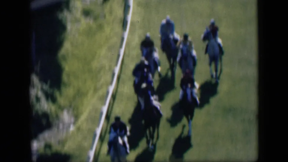 Jockeys and horses pass below the high-angle camera on a Cairo grass track, with the white rail curving through the frame.