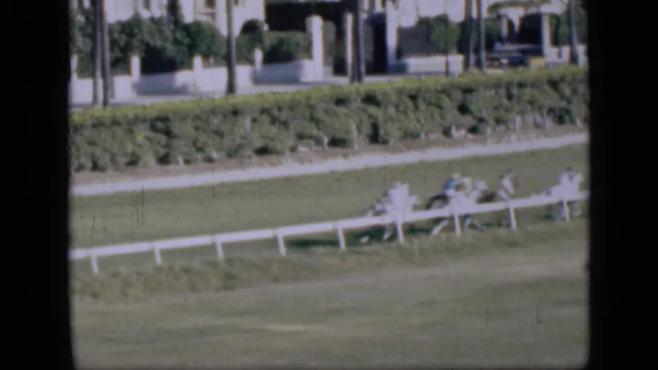 1946 Cairo racecourse detail showing white railing, green turf, hedges, and distant people near the trackside buildings.