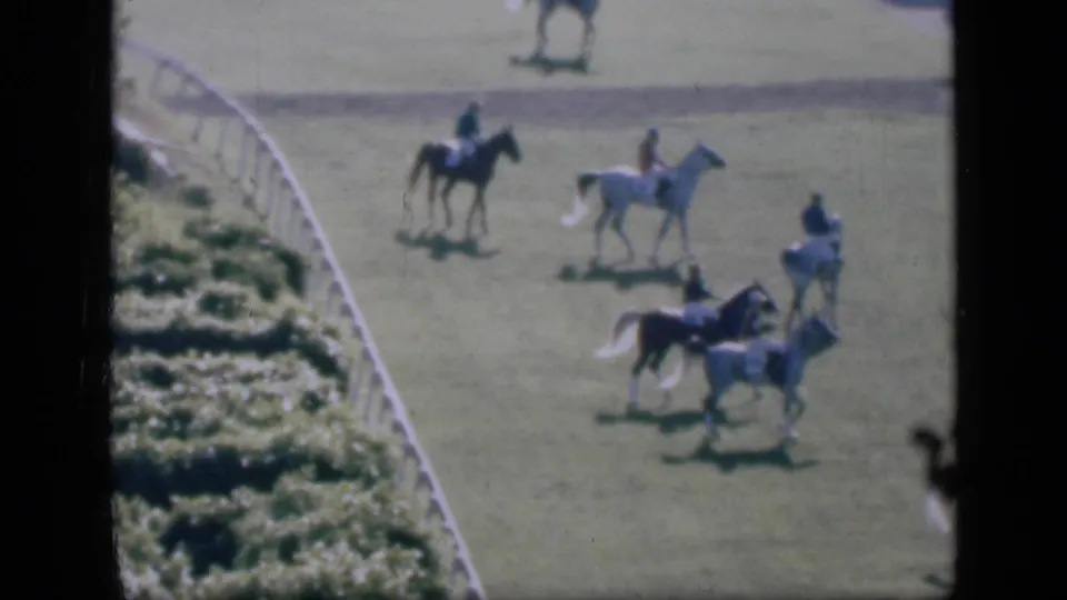 Multiple jockeys ride or walk horses across the Cairo racetrack in a distant 1940s 8mm home-movie frame.