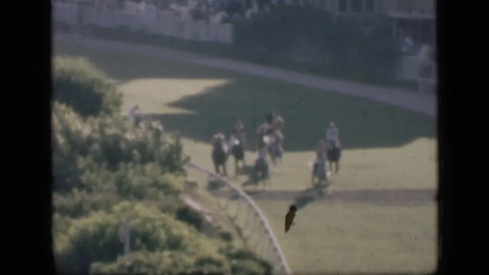 Distant 1946 Cairo racetrack view with riders or handlers gathered on the grass near a curved rail, shrubs, and a shaded building edge.