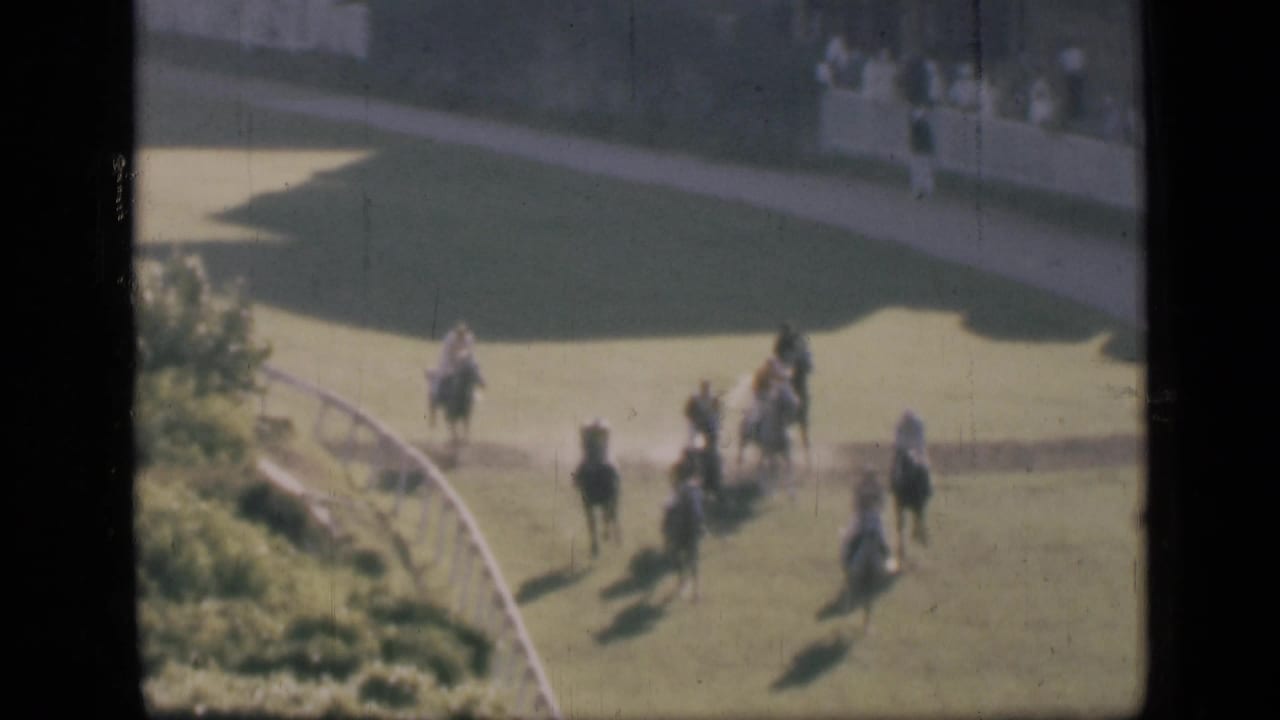 1946 Cairo racecourse footage showing a group of horses and jockeys moving around a manicured green bend.