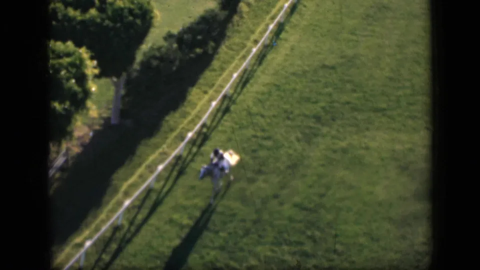 1946 Cairo racecourse frame showing riders near the rail, long shadows, and a wide expanse of green turf.