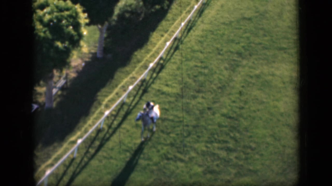 Distant rider on a light-colored horse moving beside a white fence across a green field.