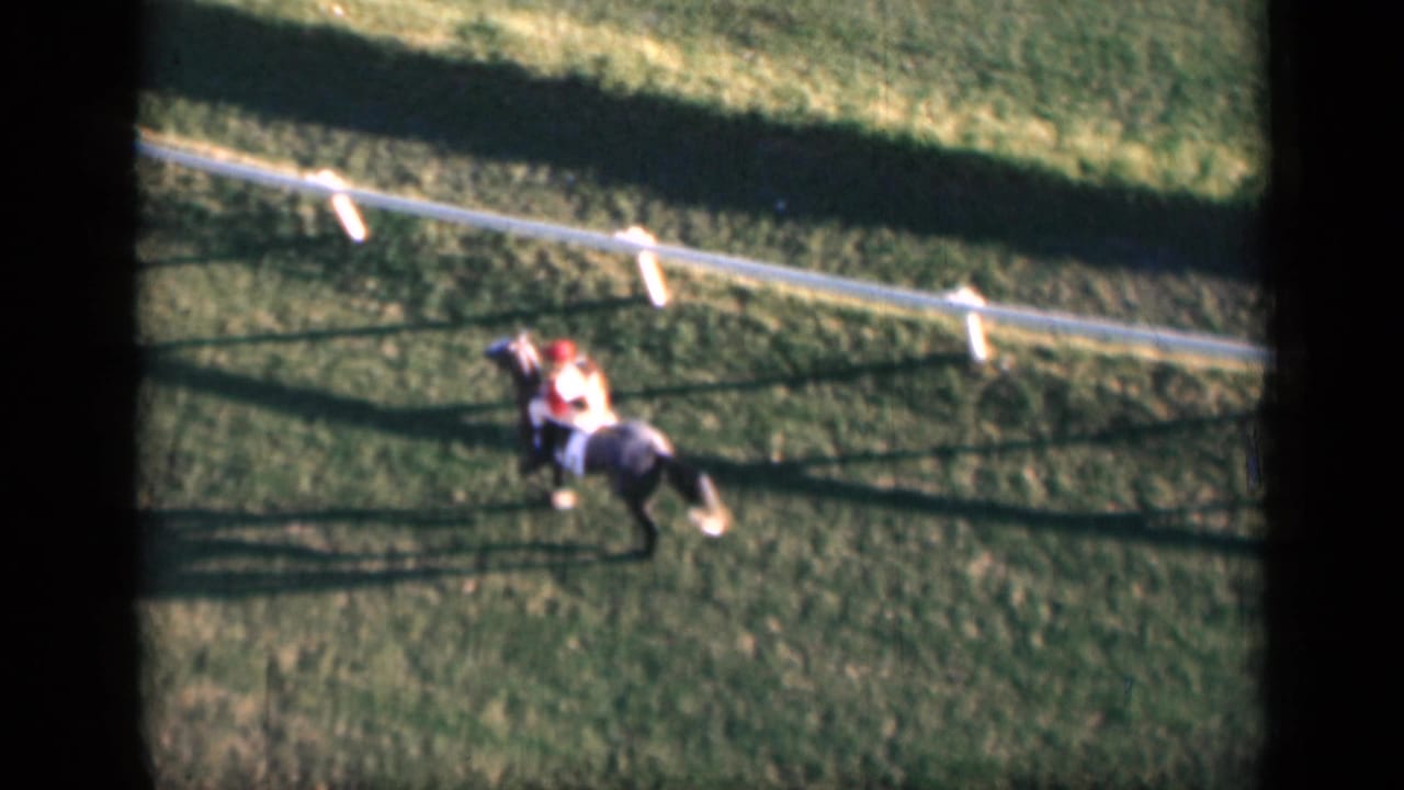 1946 Cairo home-movie frame of a jockey in red and white silks riding a dark horse across green turf beside white rail fencing.