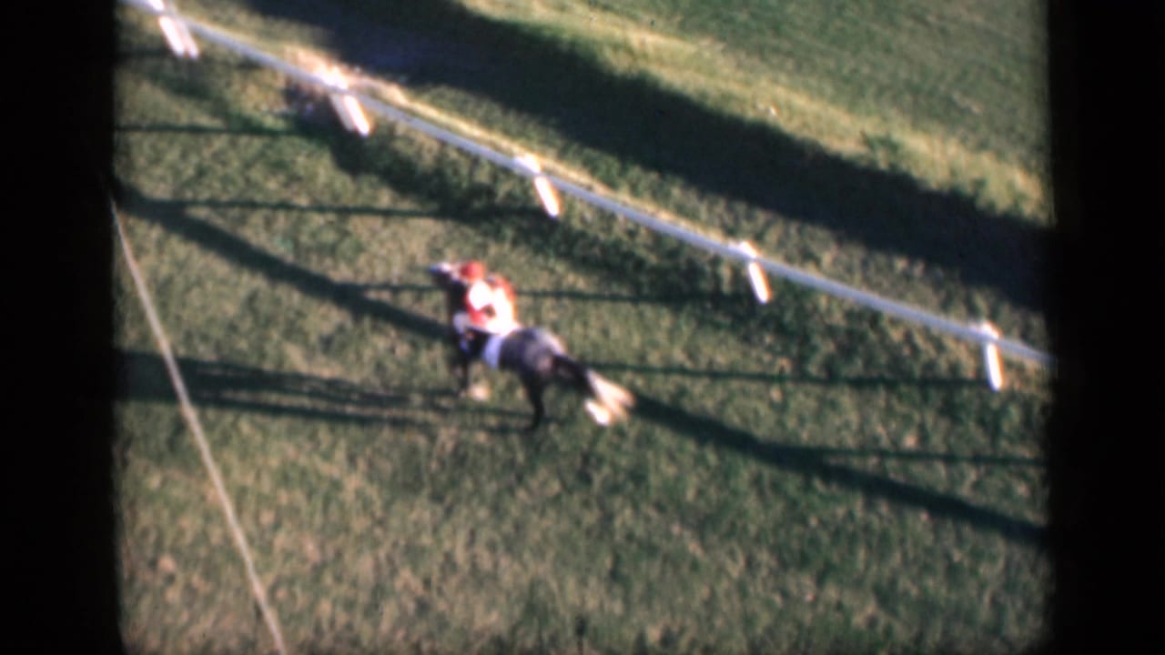 High-angle 1946 Cairo frame showing a jockey on a dark racehorse warming up on a fenced grass track.