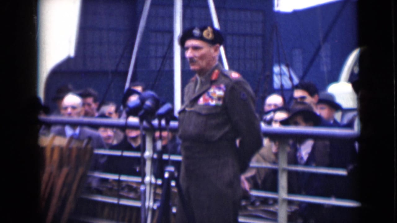 A beret-wearing military officer with medals stands near microphones as a London crowd watches from behind railings.