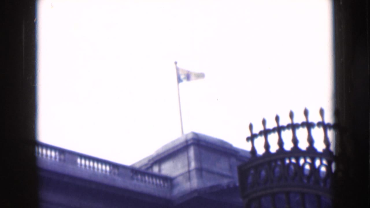 A flag on a rooftop pole is seen above a formal stone building through dark vertical framing.