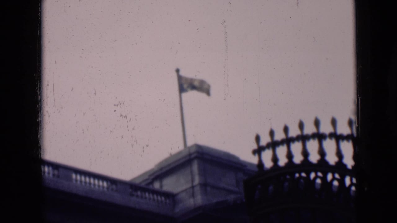 Flag waving above a stone building seen past dark window framing and iron railing.