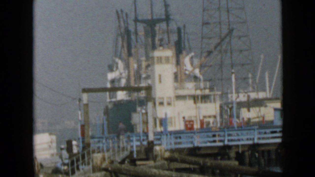 White ship superstructure and blue dock railings seen across harbor pipes.
