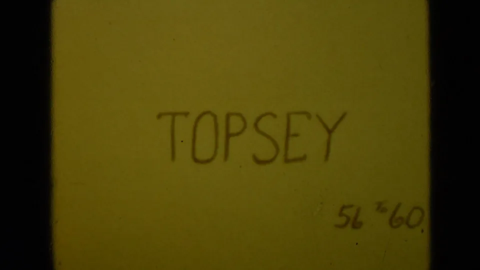 Yellow archival title or label card with handwritten TOPSEY and 56 '60, appearing at the end of the 8mm clip.