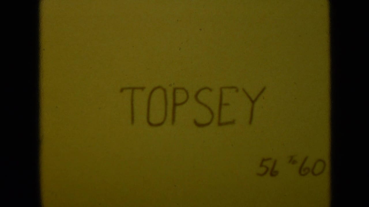 Handwritten 8mm title card for Topsy, with warm faded color and small notation at lower right.