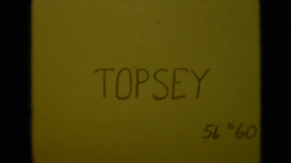 Handwritten 8mm title card for Topsy, with warm faded color and small notation at lower right.