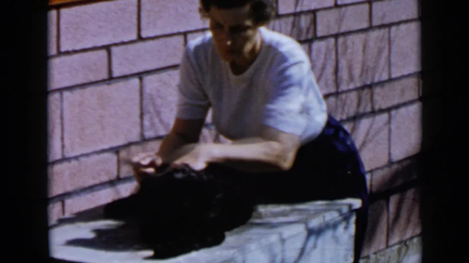 The final frame shows the woman looking down at the black dog as she continues grooming it against the pink brick wall.