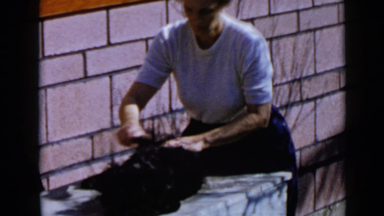 In 1949 San Diego home-movie footage, a woman in a white shirt bends over a small black dog near a pink brick wall.