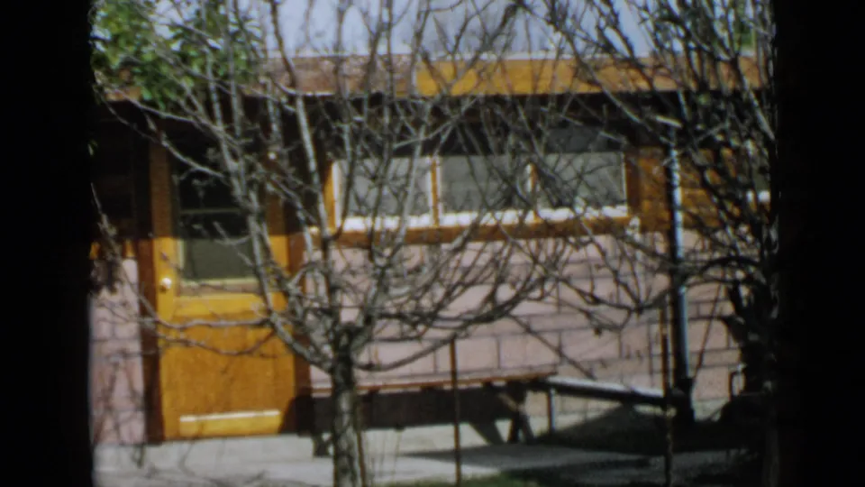1949 San Diego residential exterior with an orange door, window band, porch railing, and leafless branches crossing the view.