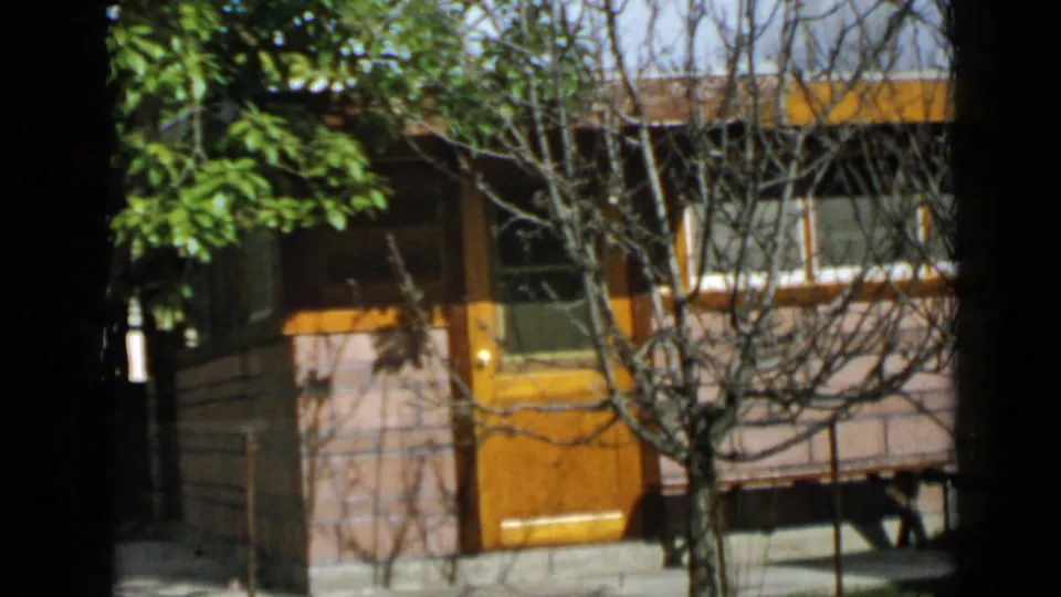 1949 San Diego frame showing the house corner and yellow door behind foreground branches and partial green foliage.