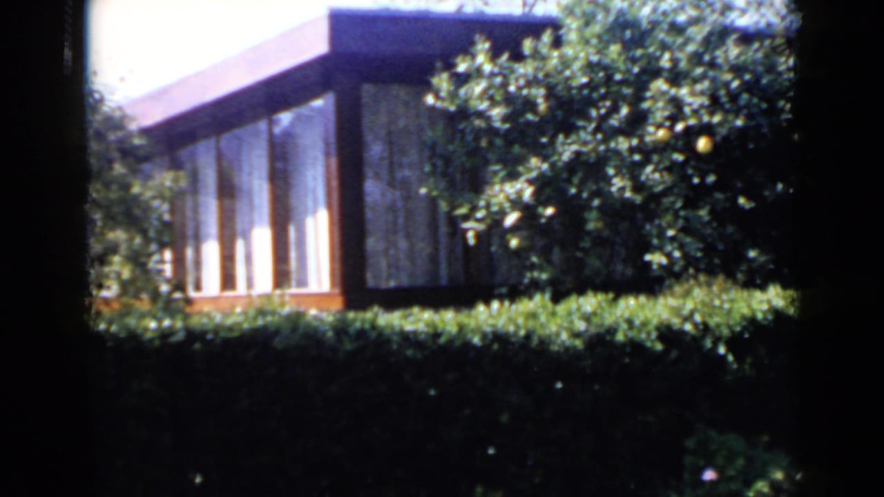 1949 San Diego 8mm frame showing a flat-roofed modernist house behind a hedge and fruit-bearing tree.