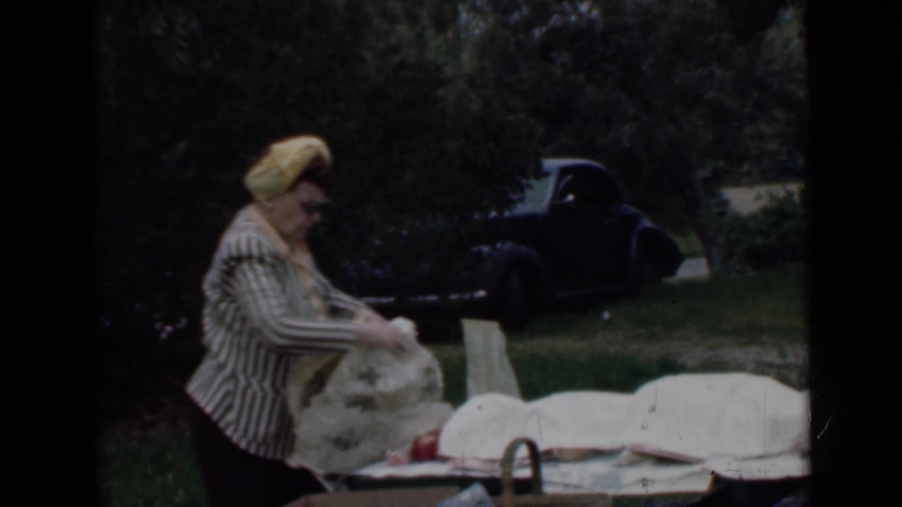 Woman in a striped blouse and yellow headscarf arranging picnic items outdoors near a dark parked car.