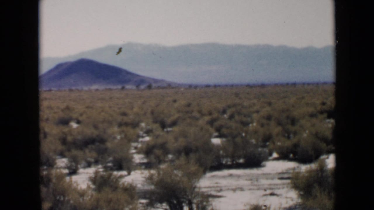 A steady 8mm view of San Diego desert scrub with a dark rounded hill and hazy mountains in the background.